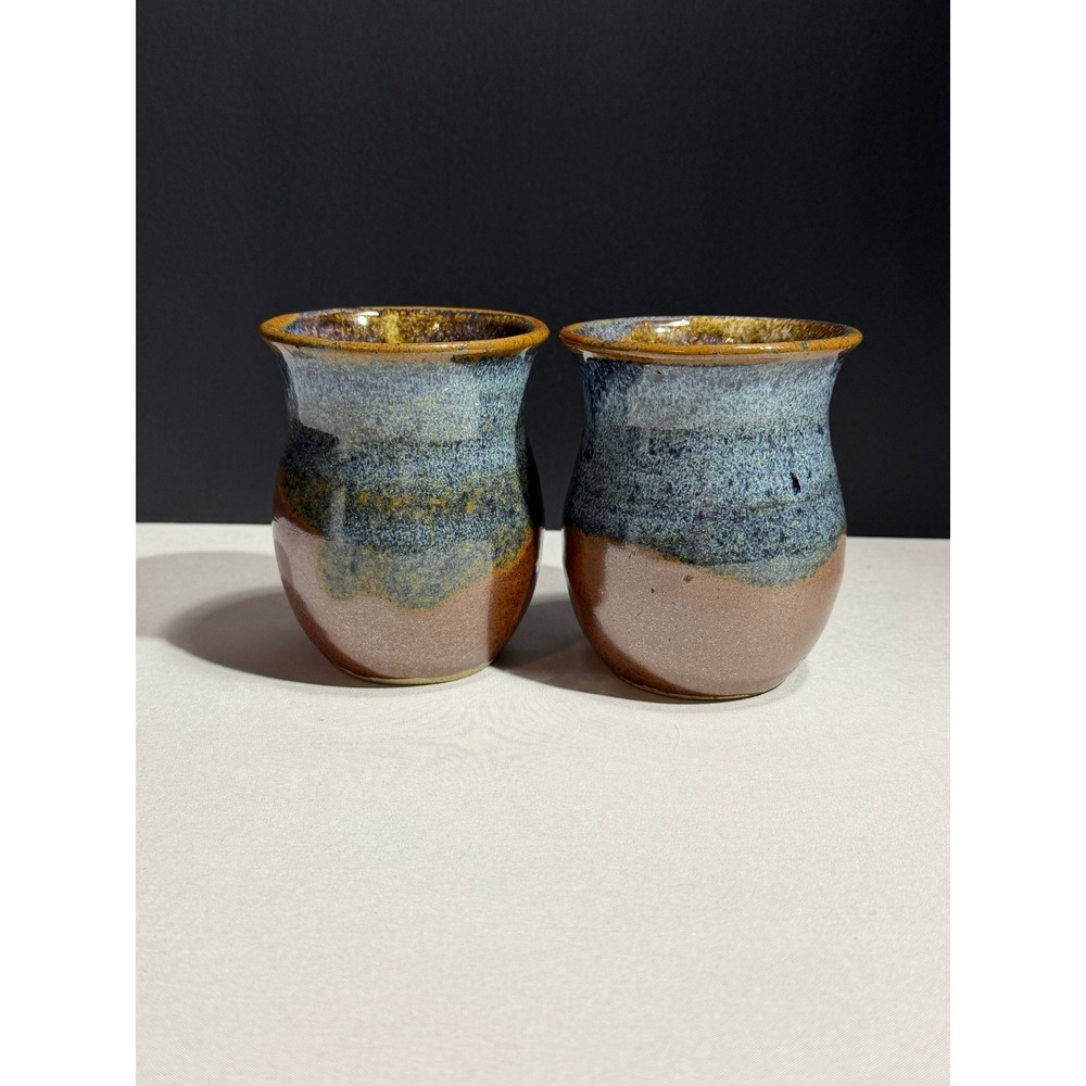 Studio Pottery Hand Thrown Ceramic Vases Pots Set of 2 Blue Brown Glaze Signed
